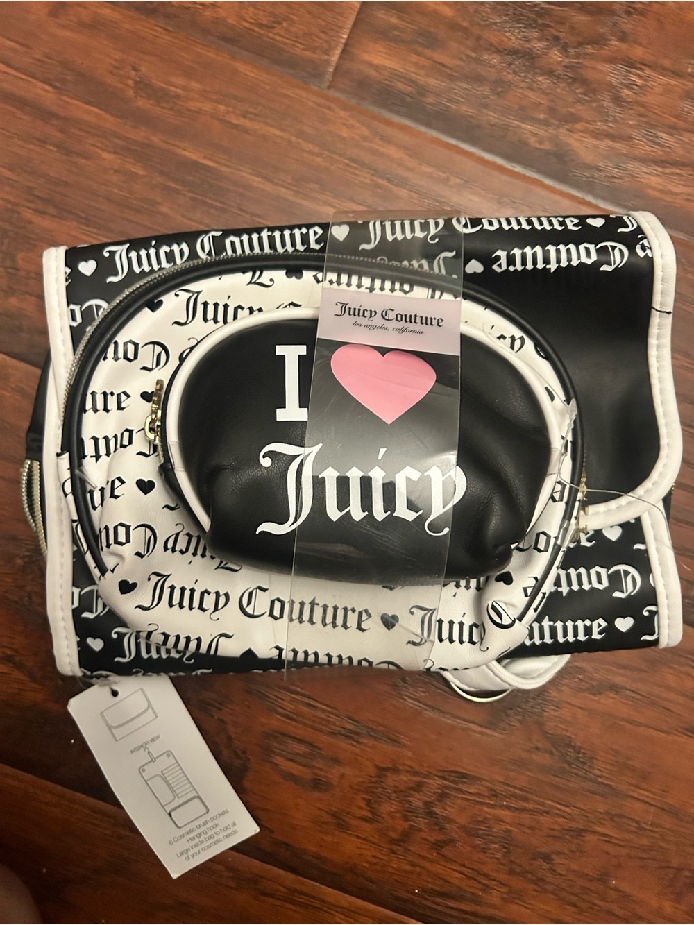 3 Juicy Couture Black and White Logo cosmetic bags with Pink Heart Accent